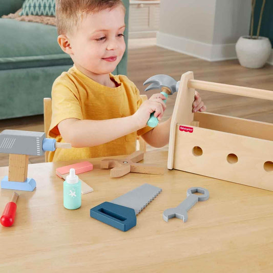 Fisher-Price Caixa de Ferramentas de Brinquedo de Madeira com Furadeira, Conjunto de 9 Peças para Brincar de Construção, Ideal para Crianças em Idade Pré-escolar a partir de 3 Anos, HYG50