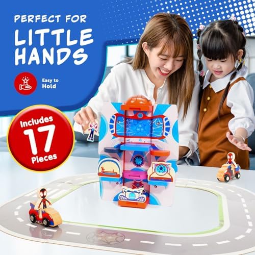 Conjunto de Brinquedo Marvel Homem-Aranha e Seus Incríveis Amigos - Caminhão e Quartel-General do Homem-Aranha 2 em 1 com 17 Peças, Figuras, Veículos Pequenos e Tapete de Quebra-Cabeça - 110x255x110mm