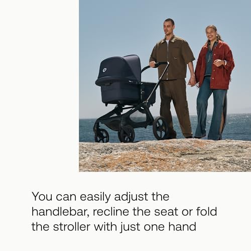 Bugaboo Carrinho de Bebê Fox 5 Renew All-Terrain, 2 em 1, com Suspensão Total, Fácil de Dobrar, Assento Extensível para Crianças, Manobrabilidade com Uma Só Mão, Chassi Preto e Capota Azul Índigo.