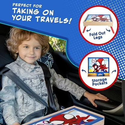 Mesa de Atividades Infantil Marvel Homem-Aranha e Seus Incríveis Amigos – Mesa de colo dobrável de madeira com quadro branco, acessórios magnéticos, bolsos de armazenamento e marcador – Mesa de atividades portátil para meninos e meninas