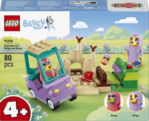 LEGO Bluey Vovós com Bingo e Bluey - Brinquedo Educativo com Carro, 2 Minifiguras e Jardim - Conjunto Montessori - Presente de Aniversário para Meninas e Meninos a partir de 4 Anos - 11216