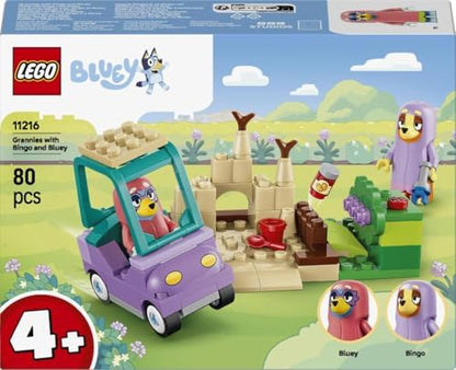 LEGO Bluey Vovós com Bingo e Bluey - Brinquedo Educativo com Carro, 2 Minifiguras e Jardim - Conjunto Montessori - Presente de Aniversário para Meninas e Meninos a partir de 4 Anos - 11216