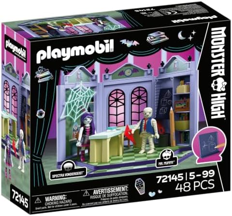 Playmobil | Monster High™ | Sala de Aula Monster High | Conjunto de Sala de Aula com Sr. Mummy, Spectra Vondergeist, Lousa e Teia de Aranha que Brilha no Escuro | Para Fãs a Partir de 5 Anos | 72145