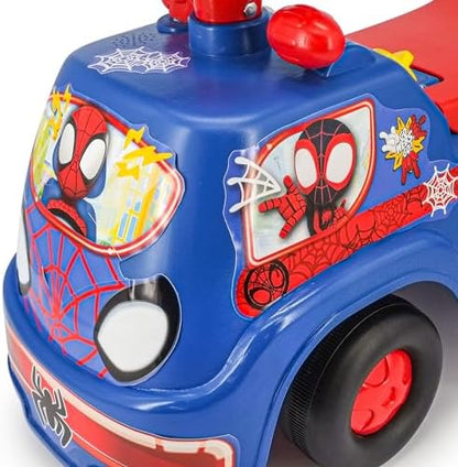 Carrinho de passeio interativo do Homem-Aranha e seus amigos Carro do Homem-Aranha para crianças com luzes e sons atividades no painel empurrar para desenvolver equilíbrio coordenação Brinquedo de passeio para crianças a partir de 1 ano meninos e meninas