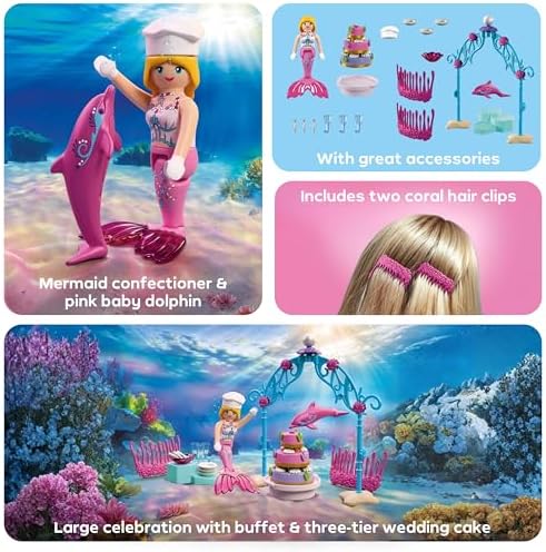 Playmobil | Fantasia e Magia | Buffet de Casamento Subaquático | Buffet com Bolo de Três Andares e Presilhas de Cabelo de Coral | Brinquedo para Crianças a partir de 4 Anos | 72108
