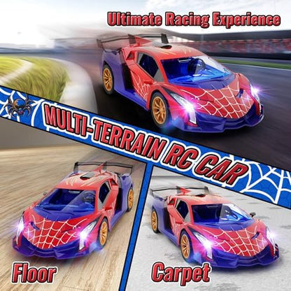 Carro-aranha de controle remoto 1:18 com luzes piscantes, carros de drift RC de 2,4 GHz, brinquedos de aranha, presente de aniversário para meninos de 3 a 10 anos.