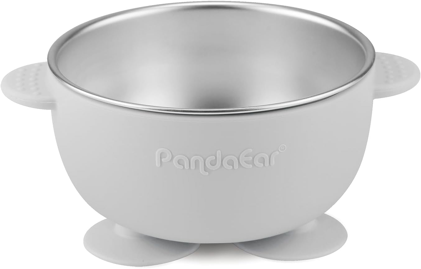PandaEar Conjunto de 3 Tigelas de Silicone com Ventosa para Bebê, em Aço Inoxidável, com 3 Colheres, que Mantêm a Alimentação Firme, Ideais para Bebês e Crianças em Fase de Introdução Alimentar, Livres de BPA - Cor: Linho...