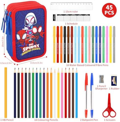Estojo grande de 3 camadas Marvel Spidey e seus Incríveis Amigos para Lápis, com Vários Compartimentos para Material Escolar, Canetas Coloridas e Conjuntos de Lápis.