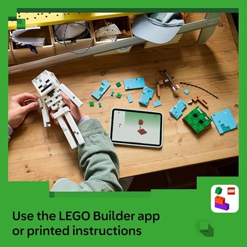 LEGO Minecraft Esqueleto - Figura com Capacete de Diamante, Arco e Flecha e Base de Grama para Decoração de Quarto Infantil - Presente Gamer para Meninos, Meninas e Fãs a partir de 10 Anos - 21594