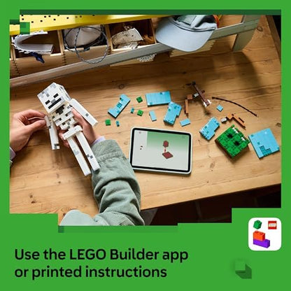 LEGO Minecraft Esqueleto - Figura com Capacete de Diamante, Arco e Flecha e Base de Grama para Decoração de Quarto Infantil - Presente Gamer para Meninos, Meninas e Fãs a partir de 10 Anos - 21594