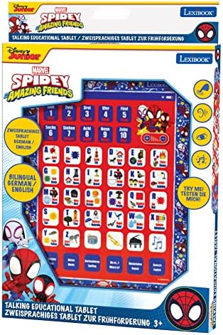 LEXIBOOK, Homem-Aranha e Seus Incríveis Amigos, Tablet Educativo Bilíngue, Brinquedo para aprender o alfabeto, números, palavras, ortografia e música, Inglês/Alemão, Azul/Vermelho, JCPAD002SPi3