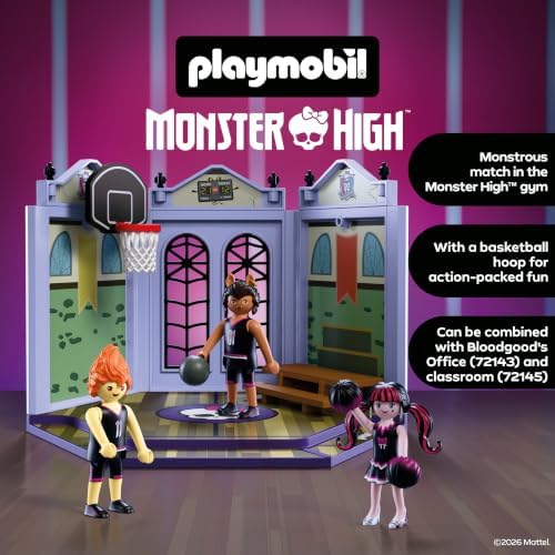 Playmobil | Monster High™ | Quadra de Casketball Monster High | Conjunto de Ginásio Esportivo com Draculaura, Clawd Wolf, Heath Burns e Ação de Basquete | Para Fãs a Partir de 5 Anos | 72144