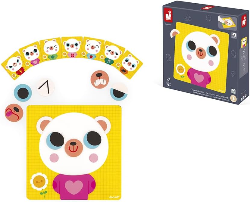 Janod - Jogo para Aprender, Gerir e Reconhecer Emoções - 7 Cartas Educativas - 1 Quadro Magnético - 30 Ímanes - Brinquedo Educativo Magnético de Madeira - A partir dos 2 Anos - J05446