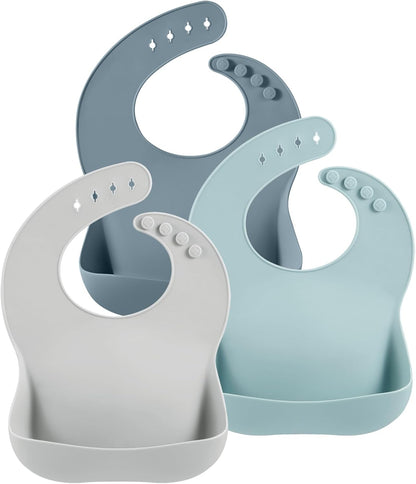 PandaEar Conjunto de 3 Babadores de Silicone para Bebês Meninos e Meninas, Babador Ajustável para Desmame, Babadores Impermeáveis para Crianças, Babadores de Silicone Macios e Duráveis Livres de BPA com Coletor de Alimentos Grande