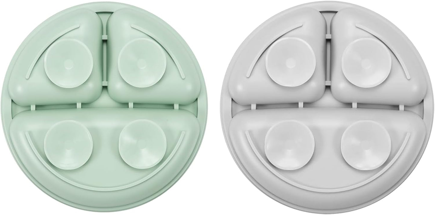 PandaEar Conjunto de 2 Pratos de Silicone com Ventosa para Bebês em Fase de Desmame com 2 Colheres para Bebê - Pratos Divididos para Crianças e Bebês - Pratos Inquebráveis com Seções
