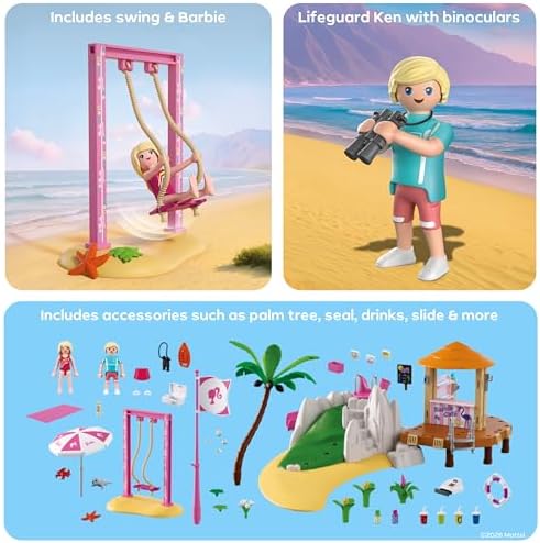 Playmobil | Barbie x Barbie Beach Café | Aventura de Verão com Barbie e Ken | Com Balanço, Escorregador e Animais | Conjunto Criativo para Crianças a partir de 4 Anos | 72121