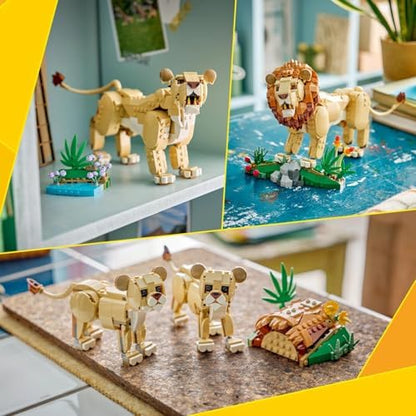 LEGO Creator 3 em 1 Animais Selvagens: Leão Majestoso de Brinquedo - Figura de Animal que se Transforma em uma Leoa ou 2 Filhotes - Decoração DIY para Quarto Infantil - Presente de Aniversário para Meninas e Meninos a partir de 9 Anos - 31386