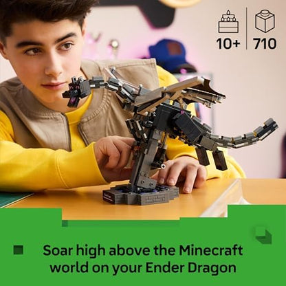 LEGO Minecraft Ender Dragon - Figura Interativa com Asas Metalizadas que Batem e Suporte para Portal de Saída, Ideal para Decoração de Quarto Infantil - Presente Perfeito para Meninos, Meninas e Fãs a partir de 10 Anos - 21595