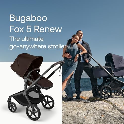 Bugaboo Carrinho de Bebê Fox 5 Renew All-Terrain, 2 em 1, com Suspensão Total, Fácil de Dobrar, Assento Extensível para Crianças, Manobrabilidade com Uma Só Mão, Chassi Preto e Capota Marrom Cacau