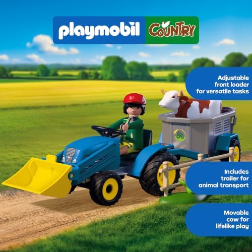 Playmobil | Country | Trator Pequeno com Ancinho Enleirador | Conjunto de Trator com Ancinho, Vaca, Reboque e Acessórios | Para Crianças a partir de 4 Anos | 72163