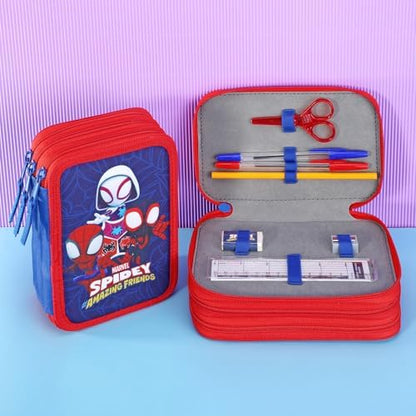 Estojo grande de 3 camadas Marvel Spidey e seus Incríveis Amigos para Lápis, com Vários Compartimentos para Material Escolar, Canetas Coloridas e Conjuntos de Lápis.