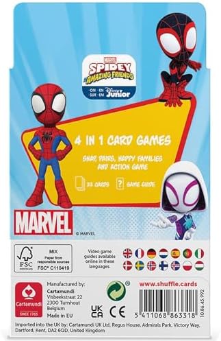 Jogo de Cartas Shuffle do Homem-Aranha e seus Incríveis Amigos para Crianças - 4 em 1: Snap, Pares, Famílias Felizes e Jogo de Ação. Guia de Jogo Incluso. Para maiores de 4 anos. Multicolorido.