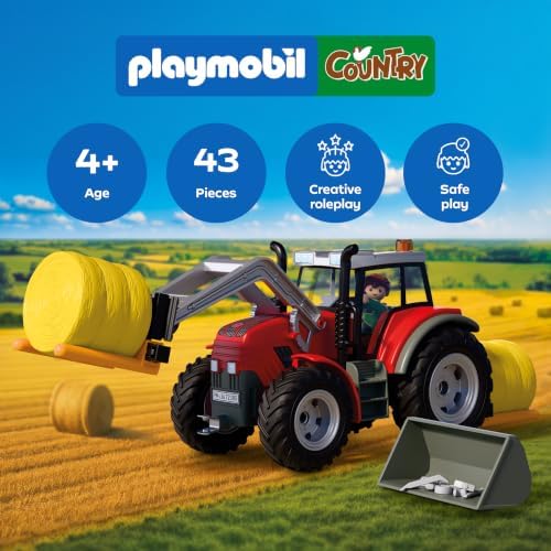 Playmobil | Country | Trator Grande com Fardos de Feno | Trator Potente com Carregadora Frontal, Fardos Redondos e Conjunto de Ferramentas | Para Crianças a partir de 4 Anos | 72305