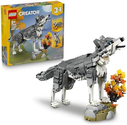 LEGO Creator 3 em 1 Animais da Floresta: Lobo Cinzento de Brinquedo - Figura de Animal que se Transforma em Falcão ou Guaxinim - Ideia de Decoração DIY para o Quarto - Presente de Aniversário para Meninas e Meninos a partir de 8 Anos - 31393