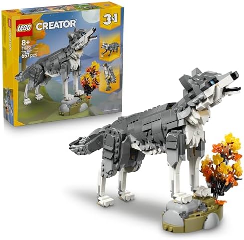 LEGO Creator 3 em 1 Animais da Floresta: Lobo Cinzento de Brinquedo - Figura de Animal que se Transforma em Falcão ou Guaxinim - Ideia de Decoração DIY para o Quarto - Presente de Aniversário para Meninas e Meninos a partir de 8 Anos - 31393
