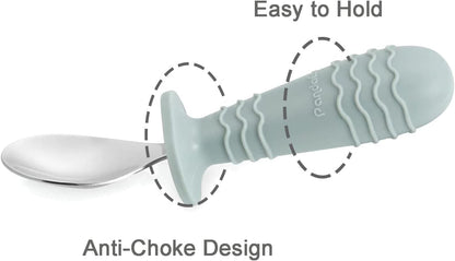 PandaEar Conjunto de 6 peças de talheres infantis em aço inoxidável e silicone, incluindo colher, garfo e cabo, livres de BPA e com design anti-engasgo (azul, rosa e branco).