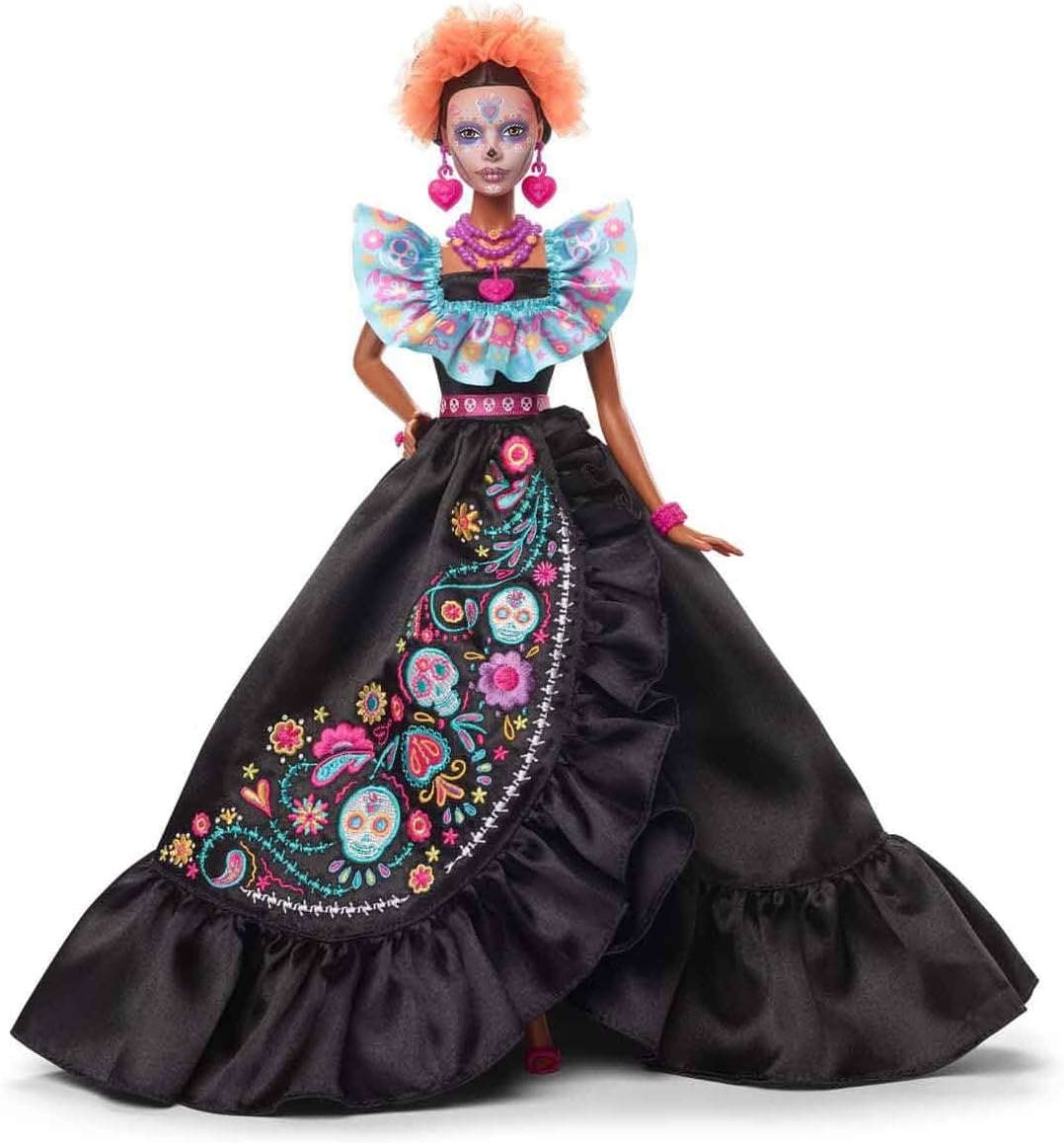 Barbie Boneca Signature, coleção Dia dos Mortos 2024, com vestido preto, blusa azul com babados, estampa bordada e acessórios coloridos, HRM72