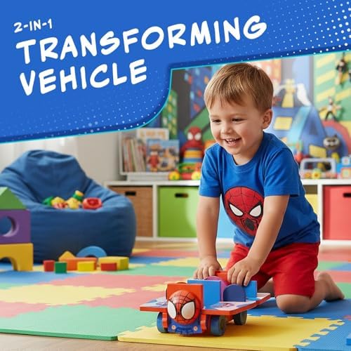 Conjunto de Brinquedo Marvel Homem-Aranha e Seus Incríveis Amigos - Caminhão e Quartel-General do Homem-Aranha 2 em 1 com 17 Peças, Figuras, Veículos Pequenos e Tapete de Quebra-Cabeça - 110x255x110mm