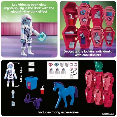 Playmobil | Monster High™ | Monster High: Abbey e os Armários | Cenário de corredor da escola com Abbey Bominable, Nightmare, livro que brilha no escuro e armários | Para fãs a partir de 5 anos | 72146