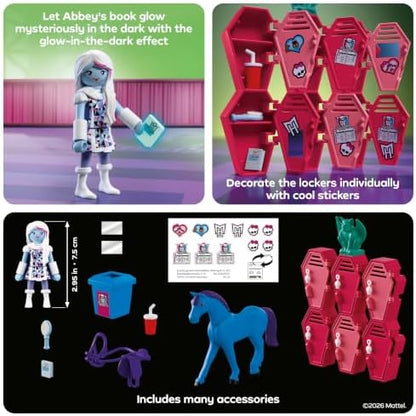 Playmobil | Monster High™ | Monster High: Abbey e os Armários | Cenário de corredor da escola com Abbey Bominable, Nightmare, livro que brilha no escuro e armários | Para fãs a partir de 5 anos | 72146