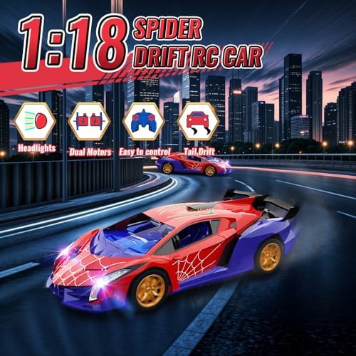 Carro-aranha de controle remoto 1:18 com luzes piscantes, carros de drift RC de 2,4 GHz, brinquedos de aranha, presente de aniversário para meninos de 3 a 10 anos.