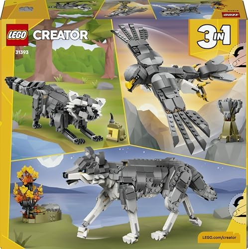 LEGO Creator 3 em 1 Animais da Floresta: Lobo Cinzento de Brinquedo - Figura de Animal que se Transforma em Falcão ou Guaxinim - Ideia de Decoração DIY para o Quarto - Presente de Aniversário para Meninas e Meninos a partir de 8 Anos - 31393