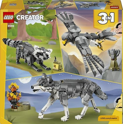 LEGO Creator 3 em 1 Animais da Floresta: Lobo Cinzento de Brinquedo - Figura de Animal que se Transforma em Falcão ou Guaxinim - Ideia de Decoração DIY para o Quarto - Presente de Aniversário para Meninas e Meninos a partir de 8 Anos - 31393