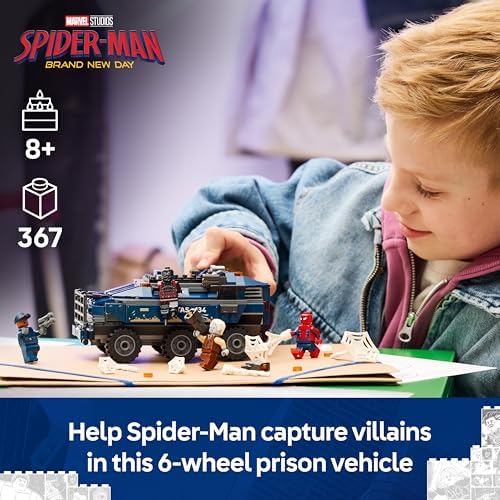 LEGO | Perseguição no Transporte da Prisão do Homem-Aranha da Marvel - Brinquedo de Super-Herói com Carro Blindado e 4 Minifiguras, incluindo Tombstone e Tarantula - Presente para Meninos a partir de 8 Anos e Fãs do Filme - 76349