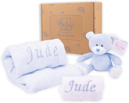 Baby Box Shop - Presentes personalizados para bebês unissex - Manta de bebê personalizada bege, azul, rosa e body de bebê personalizado com ursinho de pelúcia para bebê, ideal como presente de chá de bebê unissex e presente de batizado
