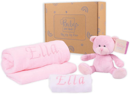 Baby Box Shop - Presentes personalizados para bebês unissex - Manta de bebê personalizada bege, azul, rosa e body de bebê personalizado com ursinho de pelúcia para bebê, ideal como presente de chá de bebê unissex e presente de batizado