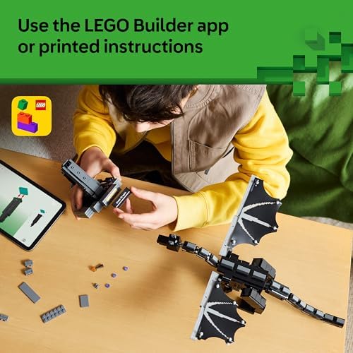 LEGO Minecraft Ender Dragon - Figura Interativa com Asas Metalizadas que Batem e Suporte para Portal de Saída, Ideal para Decoração de Quarto Infantil - Presente Perfeito para Meninos, Meninas e Fãs a partir de 10 Anos - 21595