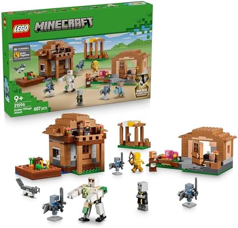 LEGO Minecraft Evoker Ataque à Vila - Modelo de Casa com Jardim, 11 Figuras incluindo Pedreiro e Golem de Ferro - Decoração para Quarto Infantil - Presente para Gamers a partir de 9 Anos - 21596