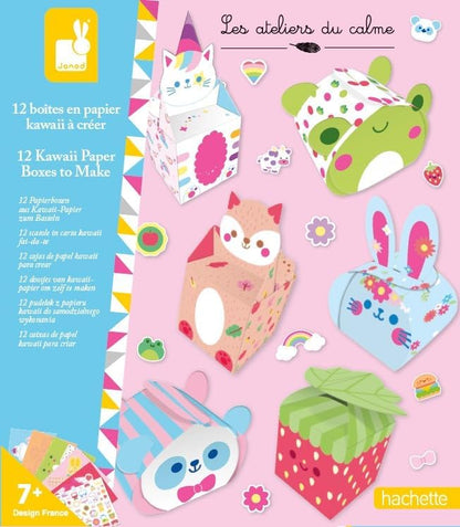 Janod - 12 Caixas de Papel Kawaii para Fazer - 12 Desenhos + 1 Folha de Adesivos - Faça Você Mesmo - Les Ateliers Du Calme - Kit de Lazer Criativo Infantil - Destreza e Concentração - A partir de 7 Anos - J09164