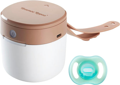 Tommee Tippee NightGlow Pod com chupeta NightGlow ultraleve para bebês de 0 a 6 meses, carrega chupetas que brilham no escuro em 2 minutos, esterilizador de chupetas UVC portátil, alça ajustável, funciona com pilha AA ou USB.