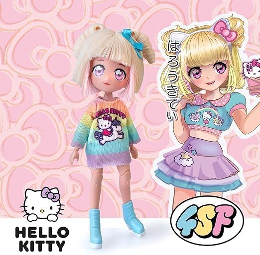 Hello Kitty 4SF Famosa Manga Fashion Unicorns, Boneca Fashion Japonesa, Figura de 19,5 cm com 15 Pontos de Articulação, Inclui Saia Ra-Ra, Polainas e Tiara com Orelhas, (HKTF2000)