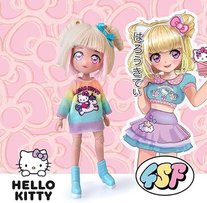 Hello Kitty 4SF Famosa Manga Fashion Unicorns, Boneca Fashion Japonesa, Figura de 19,5 cm com 15 Pontos de Articulação, Inclui Saia Ra-Ra, Polainas e Tiara com Orelhas, (HKTF2000)