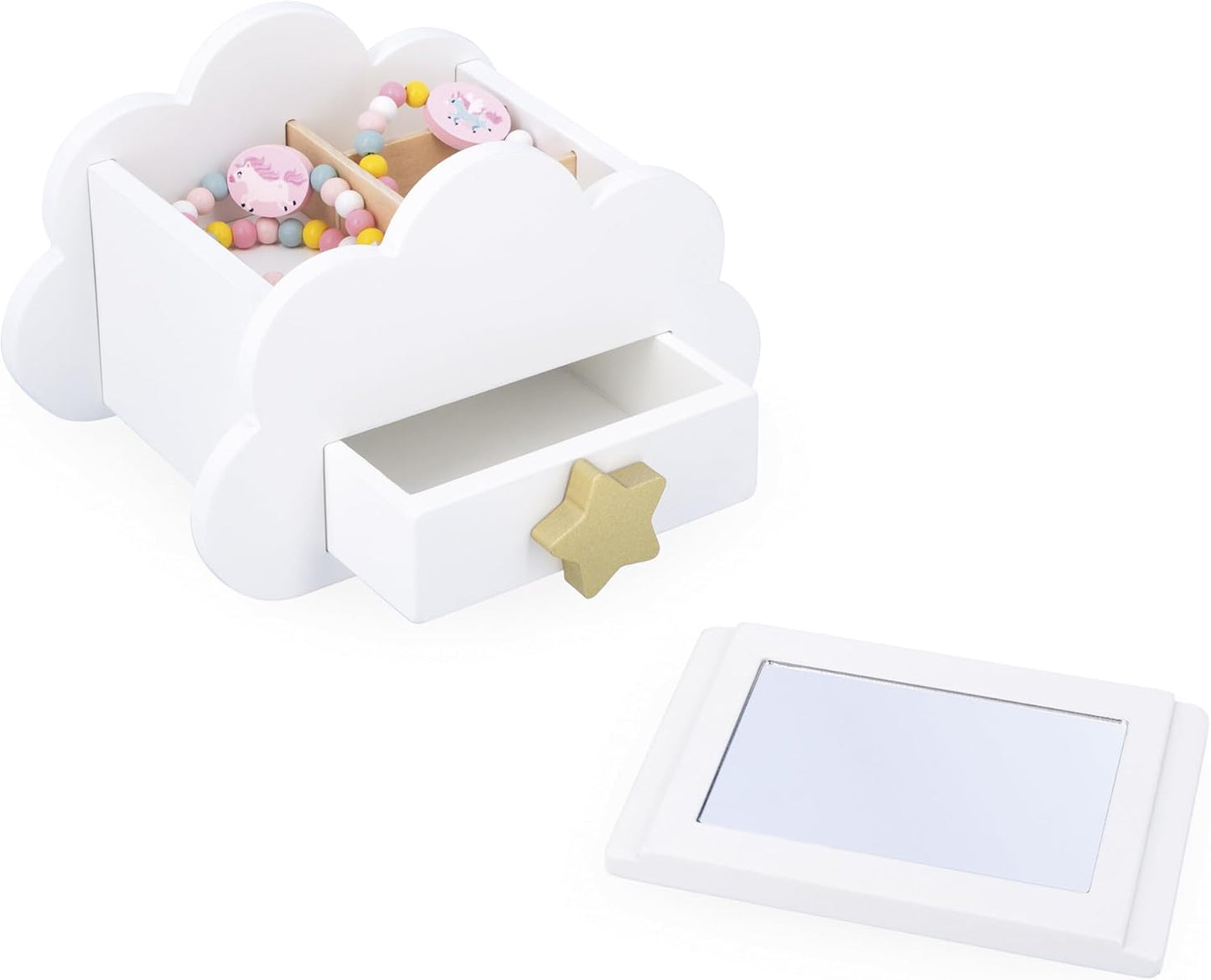 Janod - Caixa de joias com aberturas secretas - Acompanha 1 pulseira de unicórnio e 1 collie de unicórnio - Com gaveta e espelho - 17 cm x 11 cm A partir de 3 anos - J06462