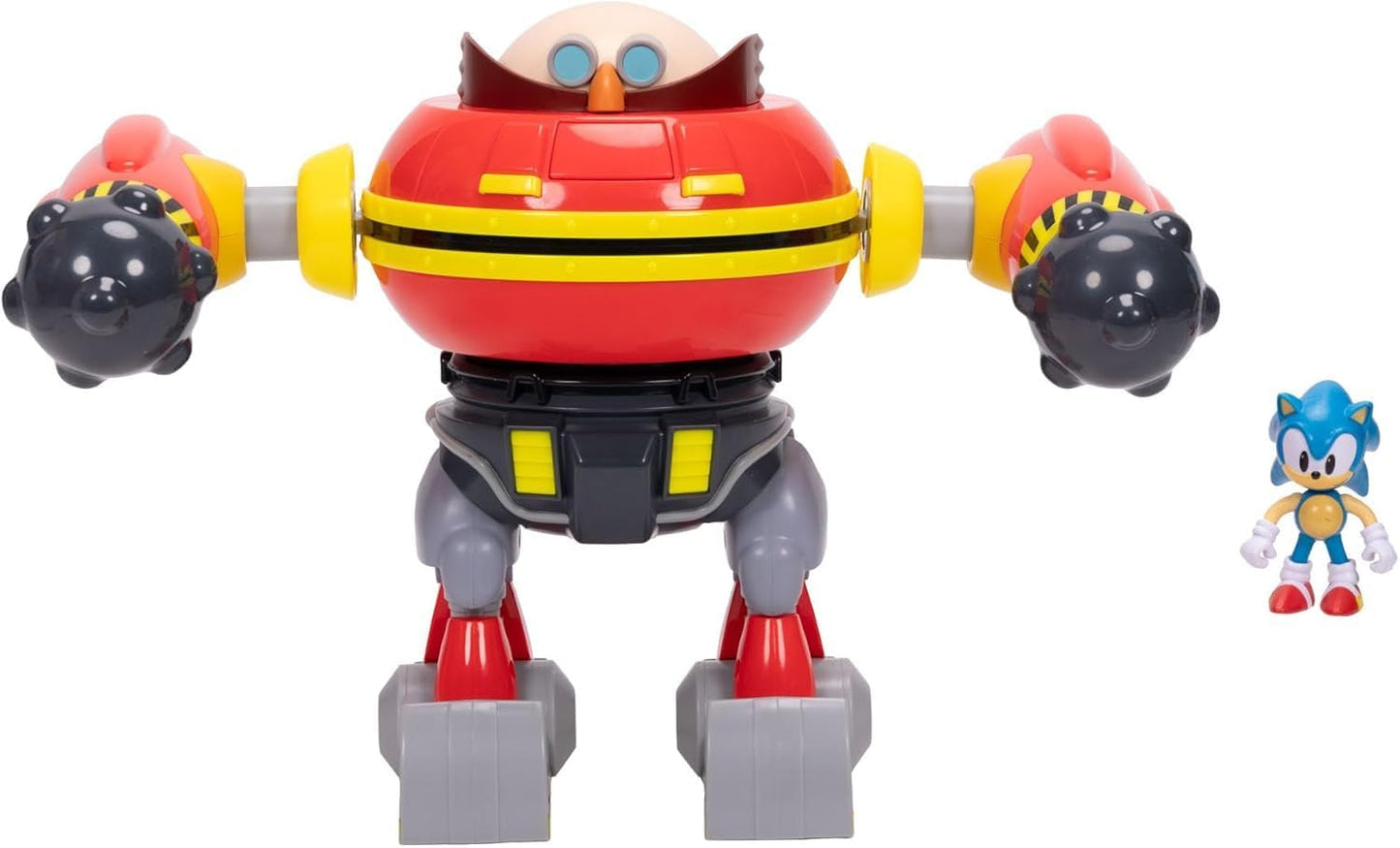 Conjunto de batalha do robô gigante Eggman do Sonic The Hedgehog, oficialmente licenciado pela Jakks Pacific, com 22,9 cm de altura, inclui o robô Eggman com canhão e uma figura do Sonic. Ideal para meninos.