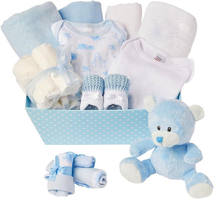 Conjunto de presentes para bebês meninos - 12 itens essenciais para recém-nascidos - Presentes ideais para chá de bebê para meninos, Baby Box Shop Conjunto de presentes personalizados para bebês meninos - 12 presentes