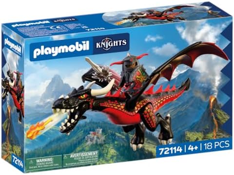 Playmobil | Cavaleiros | Dragão Negro | Grande Dragão que Cospe Fogo com Função de Disparo e Cavaleiro | Brinquedo de Dragão para Crianças a partir de 4 Anos | 72114